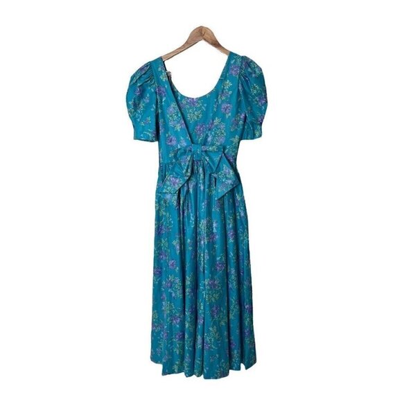 Vintage Laura Ashley Teal Floral Cottage Core Bow Back Dress US 6 2 UK 8 - Picture 4 of 8